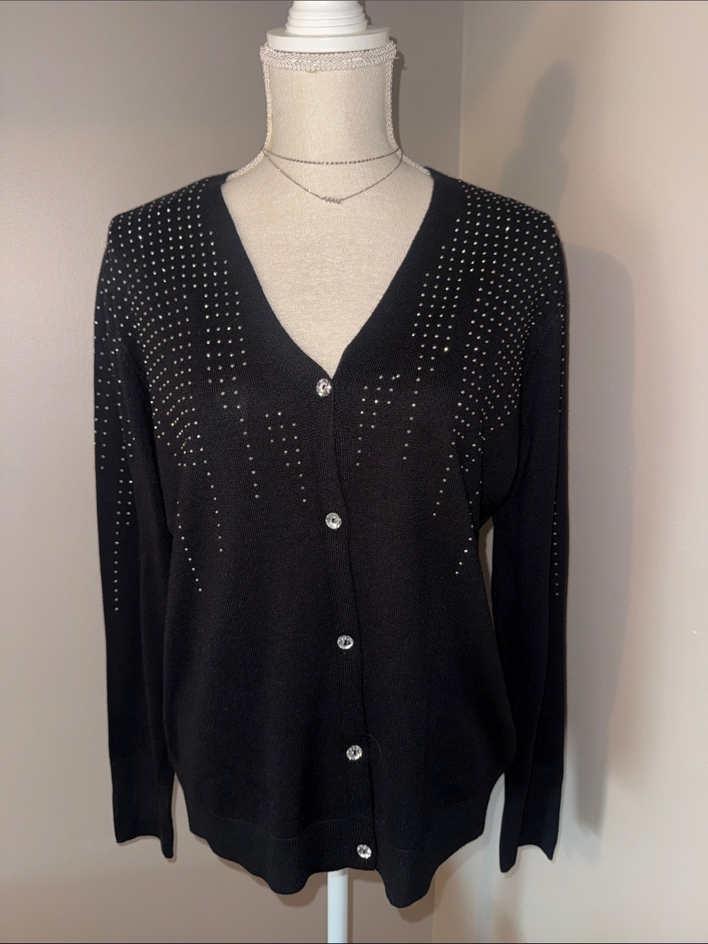 Madison Black V-Neck Cardigan with Crystal Stud Accents